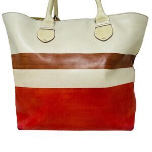 Cole Haan Stripe Leather Beckett Tote Bag Handle Top Casual Pink Tan